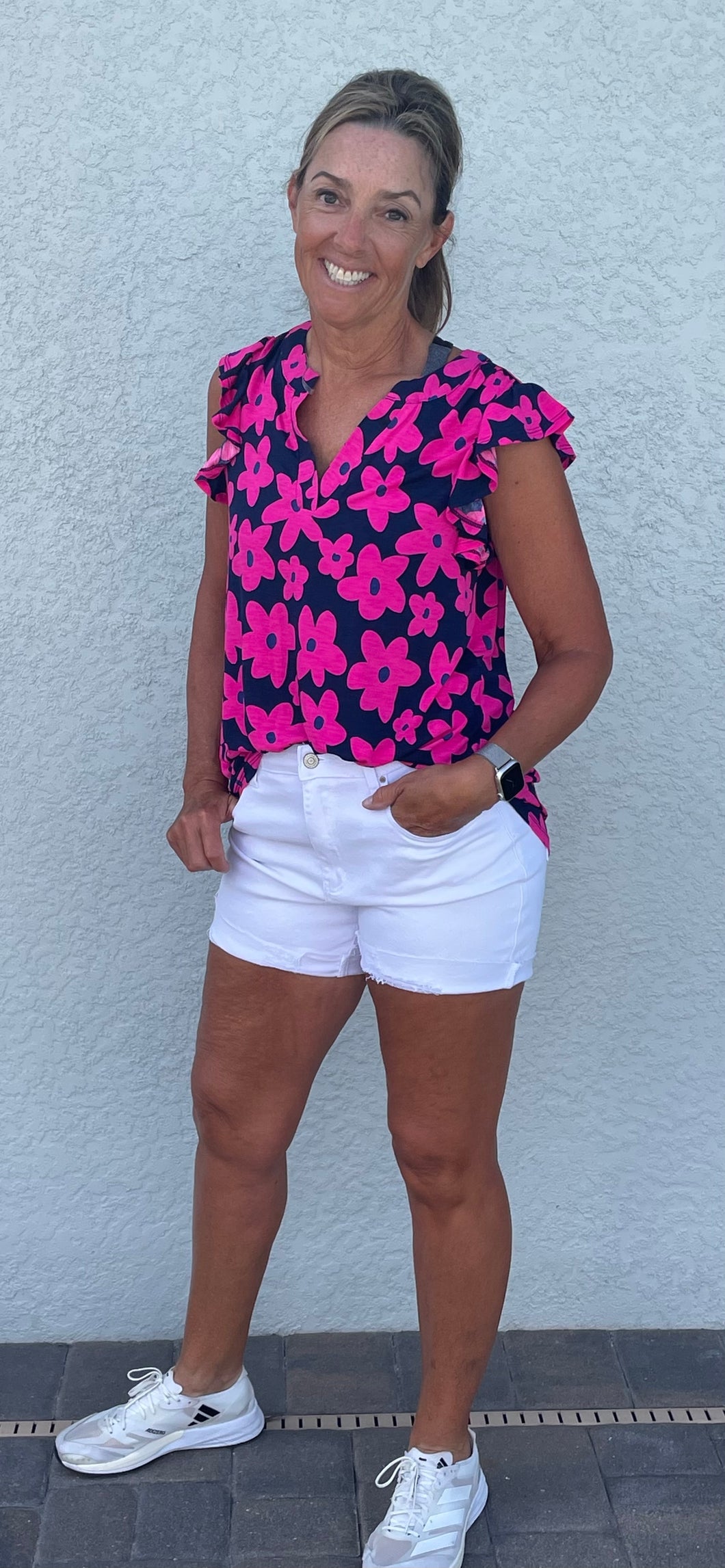 pink and navy floral top