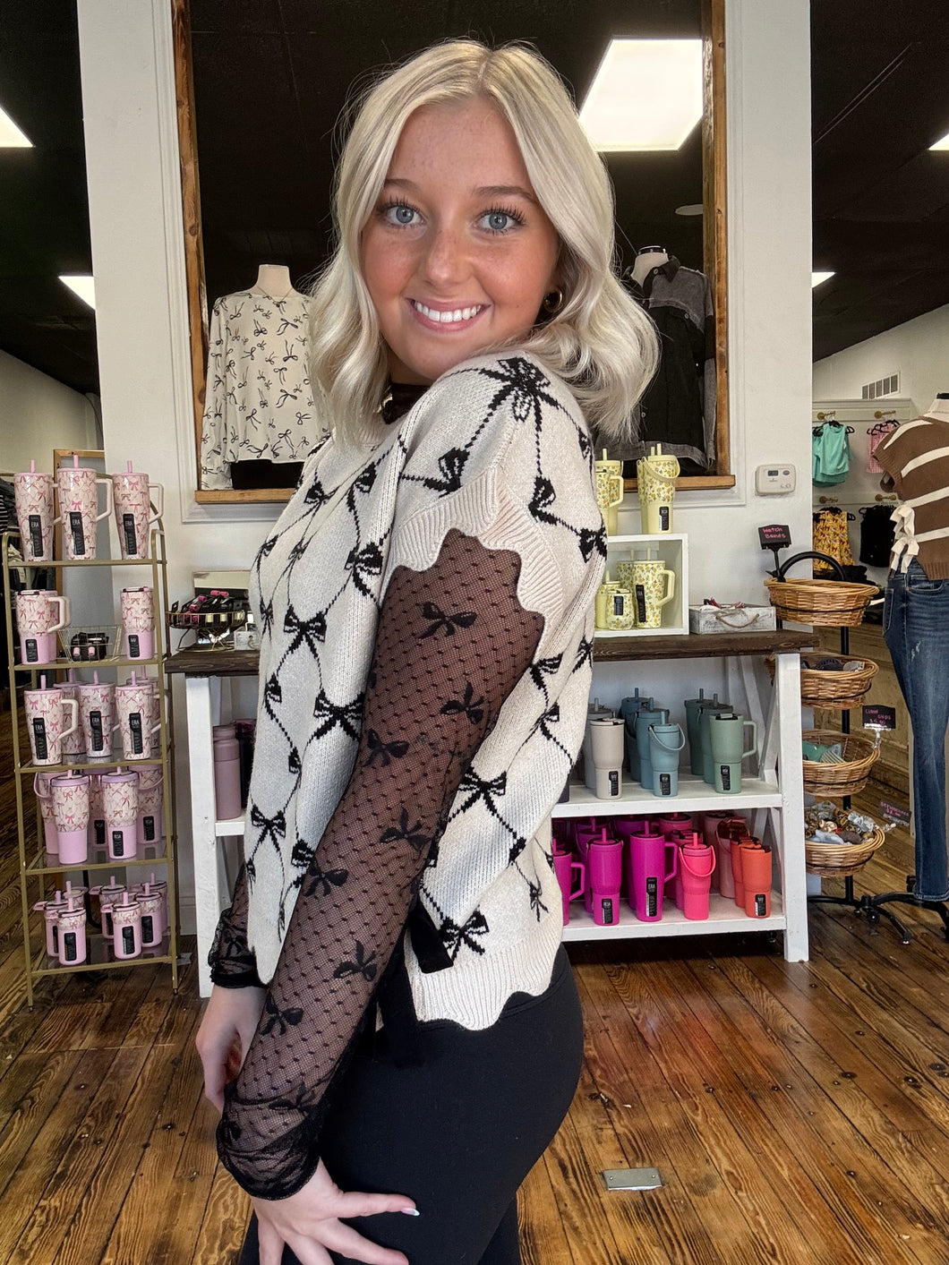 high neck fitted sheer bow top