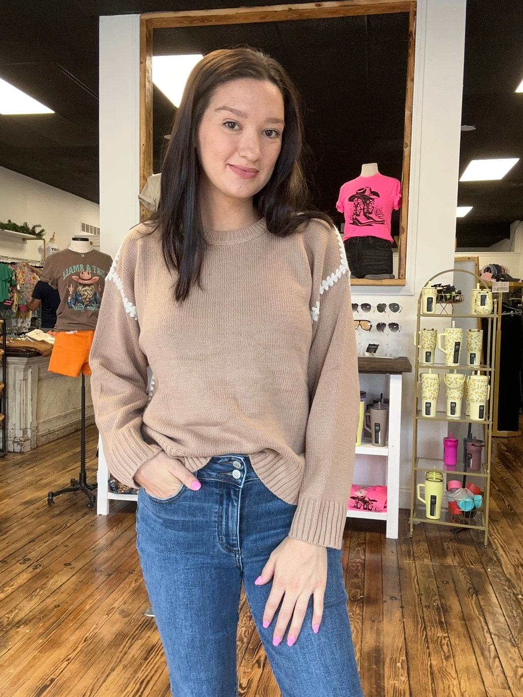 mocha sweater with line detail