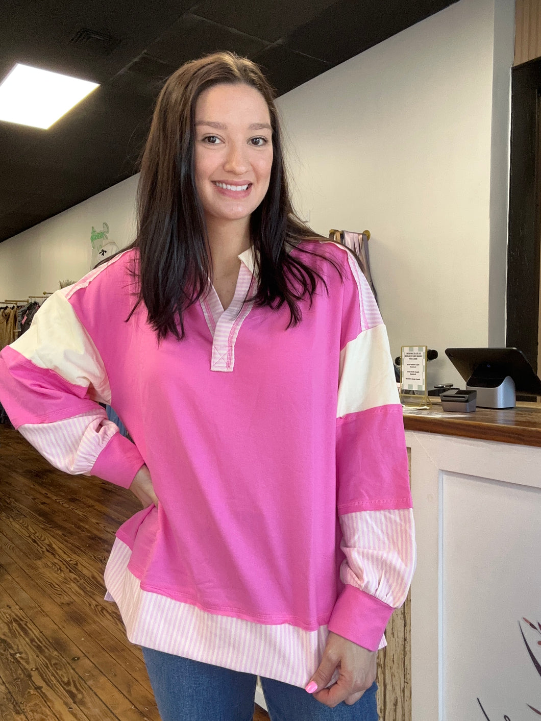 Collared oversized strip color block sweatshirt