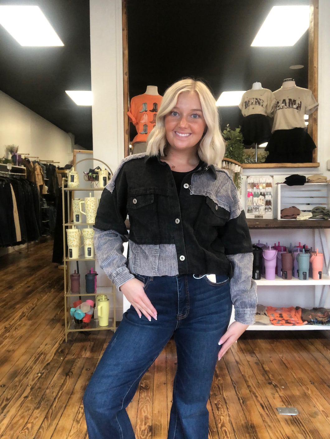 Corduroy contrast color block shacket