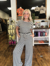 Load image into Gallery viewer, striped rib knit tie waist jumpsuit
