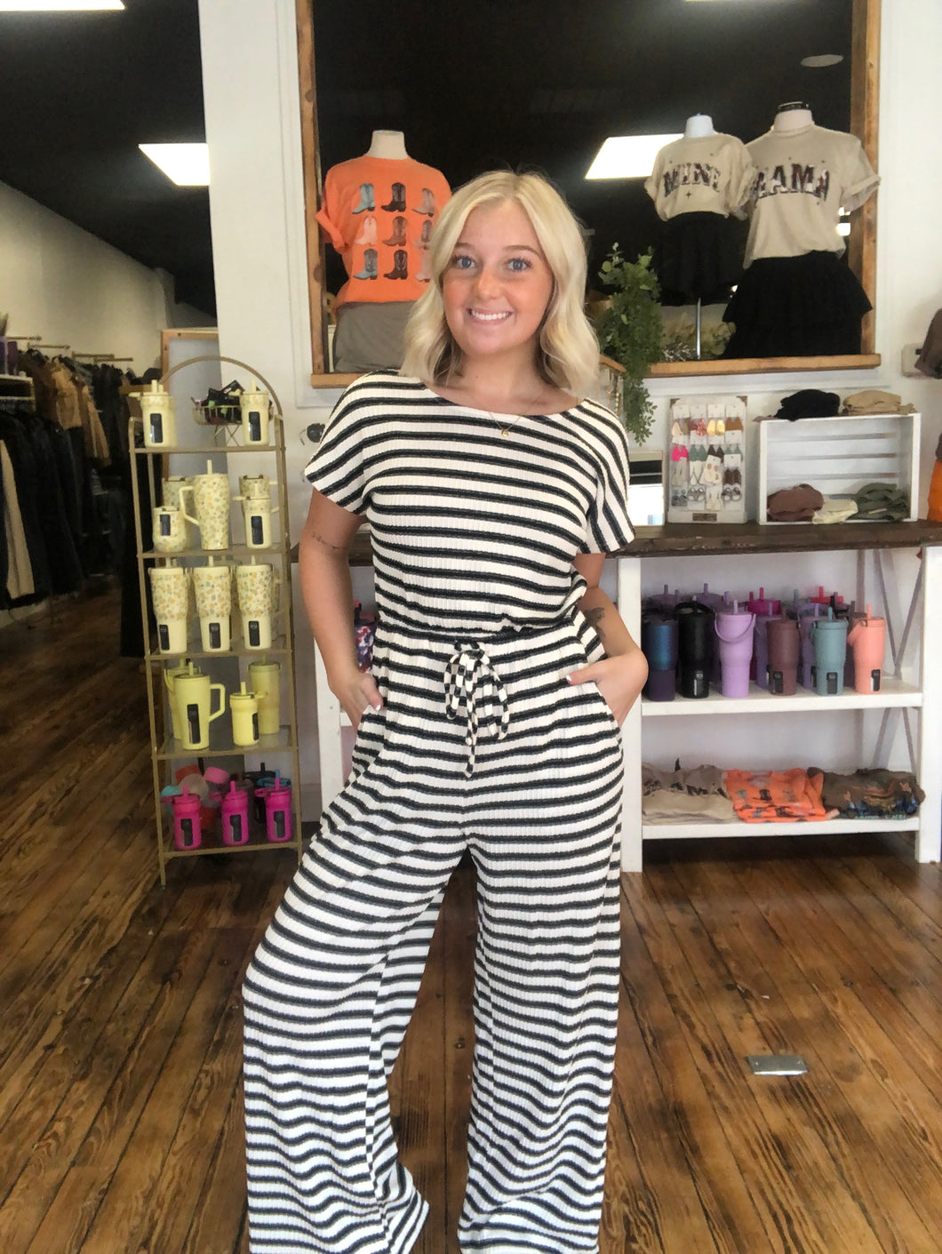 striped rib knit tie waist jumpsuit