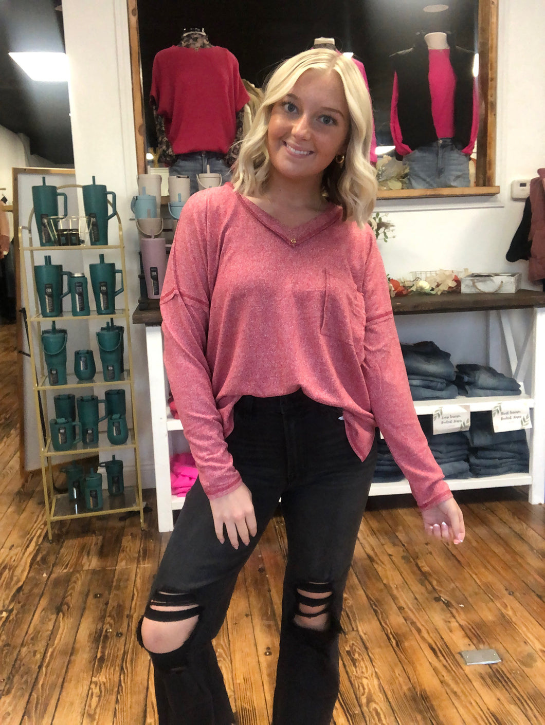 V-neck melange long sleeve
