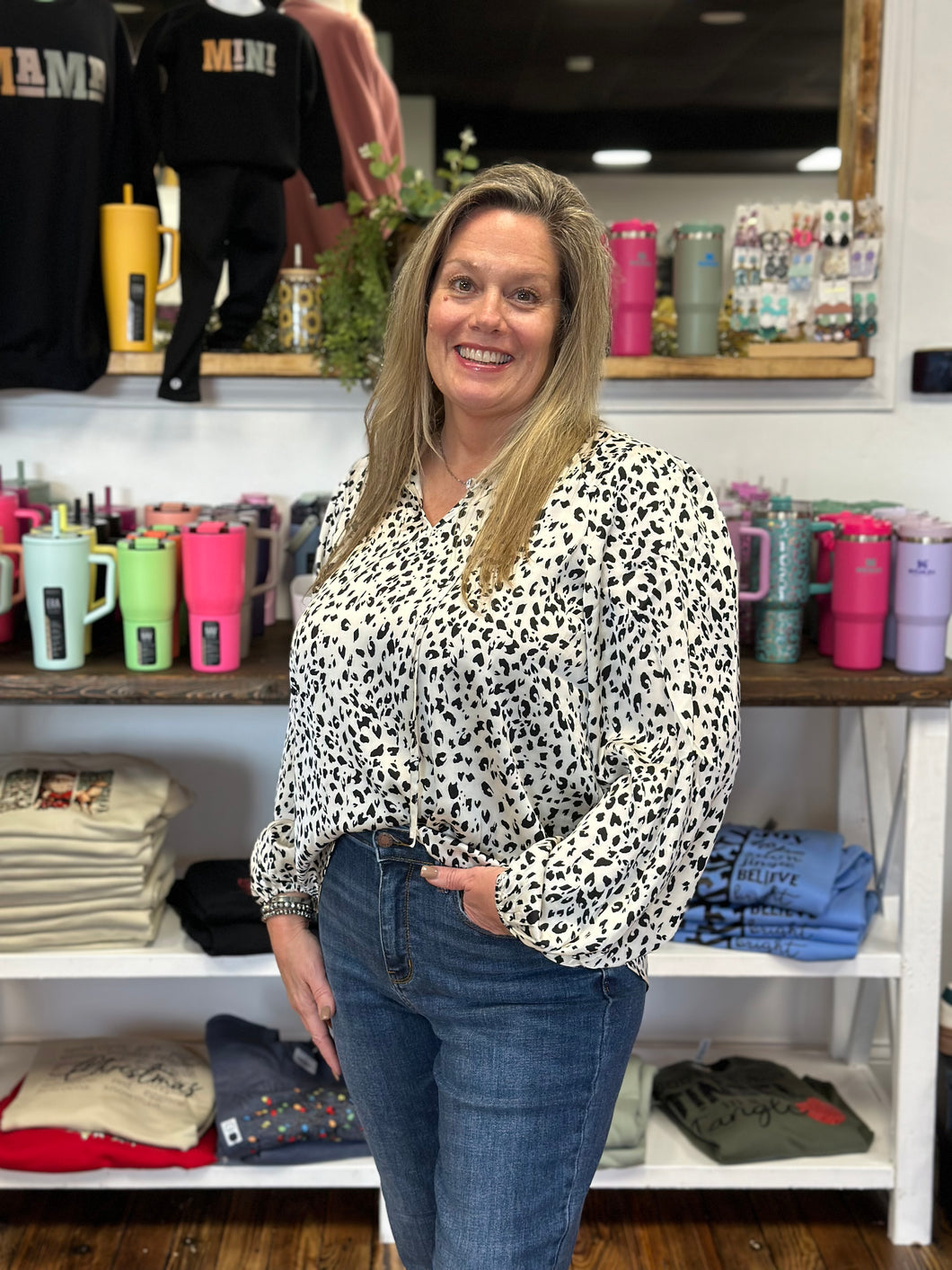 white leopard print blouse