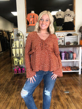 Load image into Gallery viewer, Dotted ruffle bell sleeve blouse
