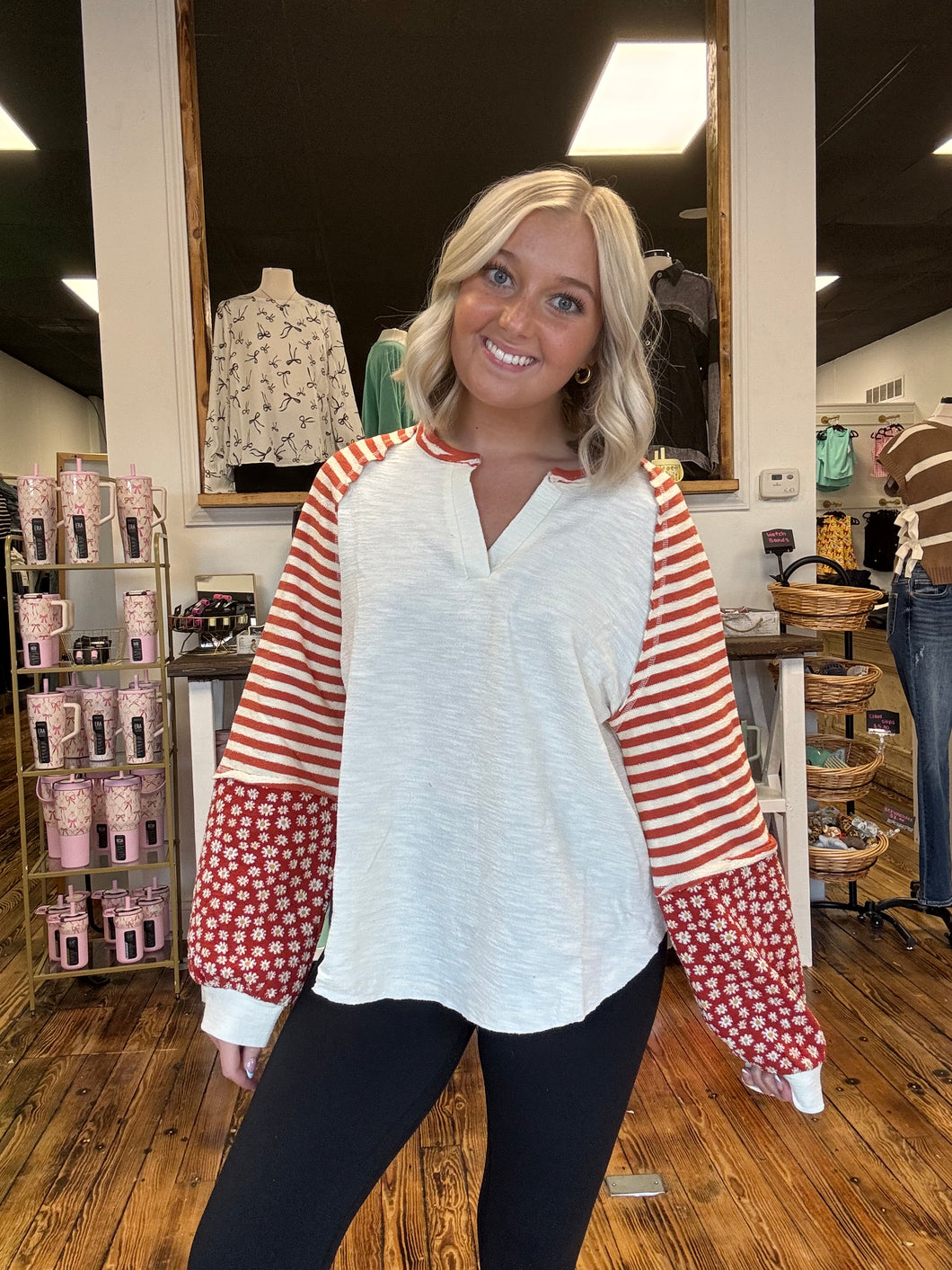 oversized floral and stripe top
