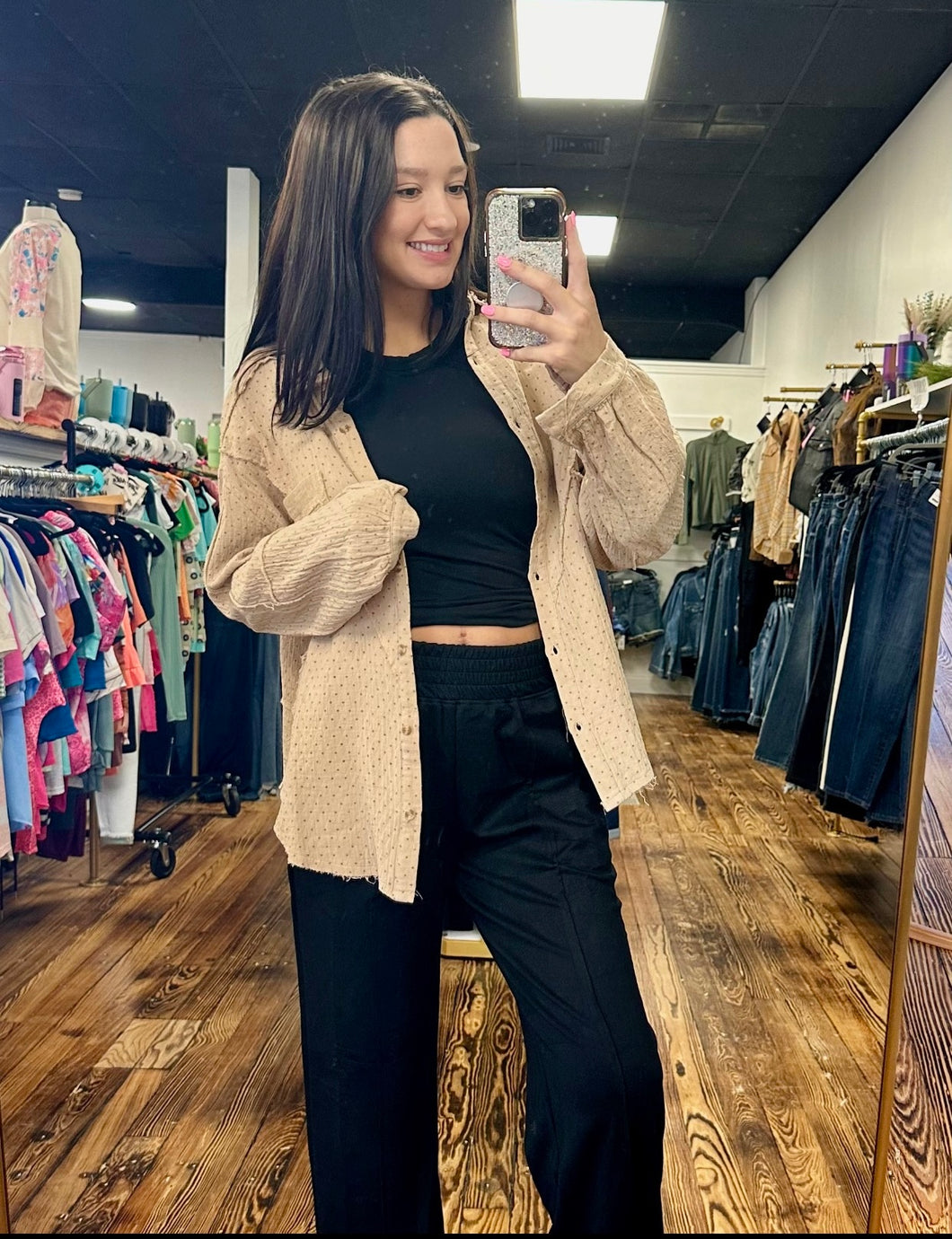 Printed khaki gauze button up