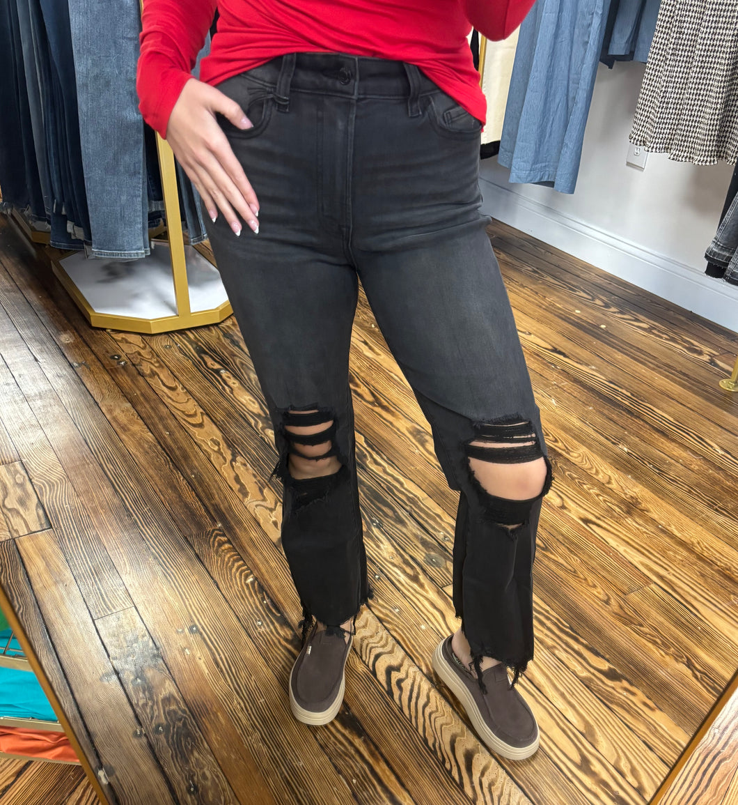 Washed black crop flare jeans