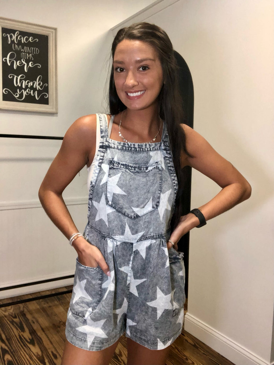 Star print denim romper