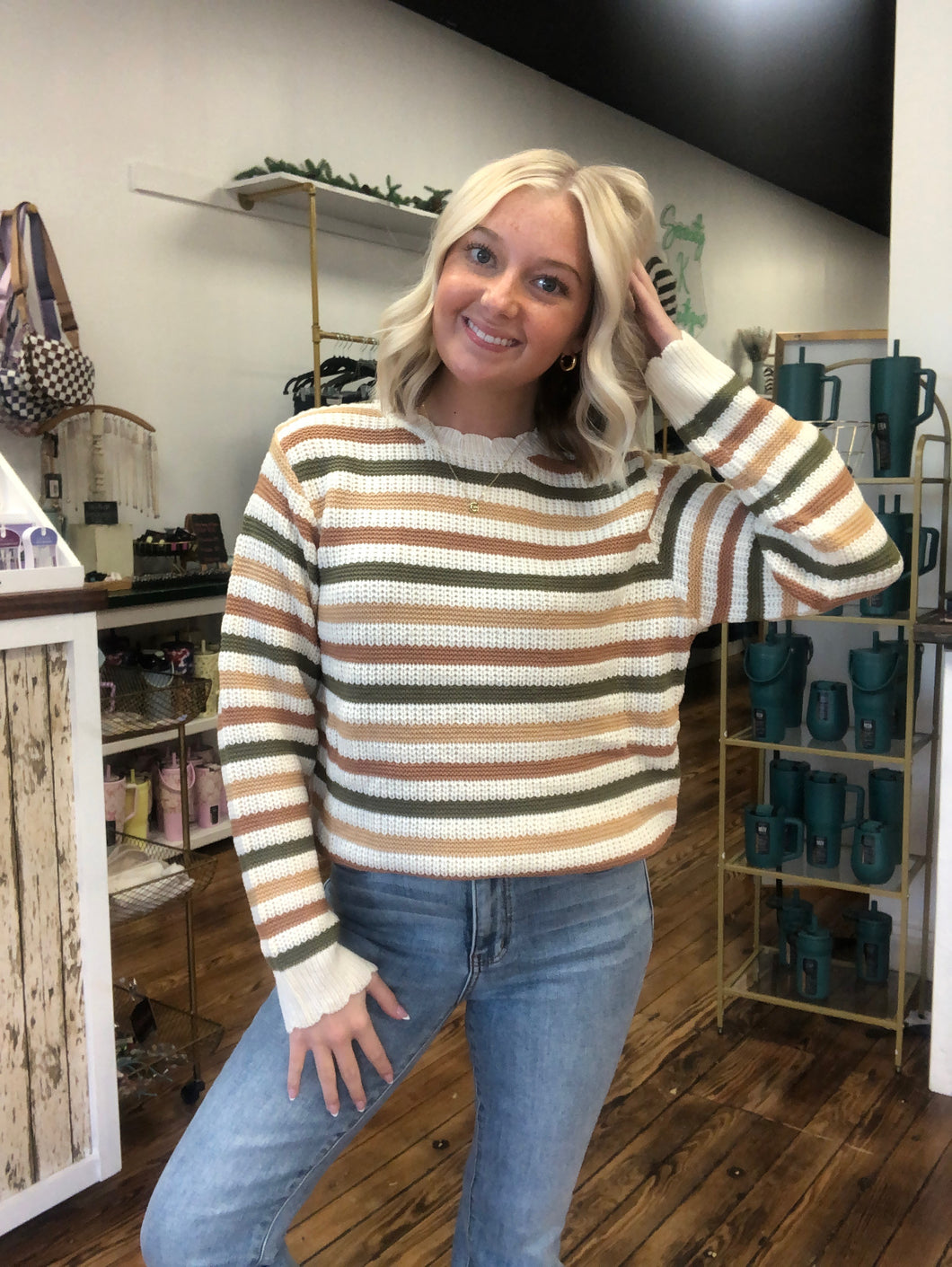 Multi color scalloped sweater