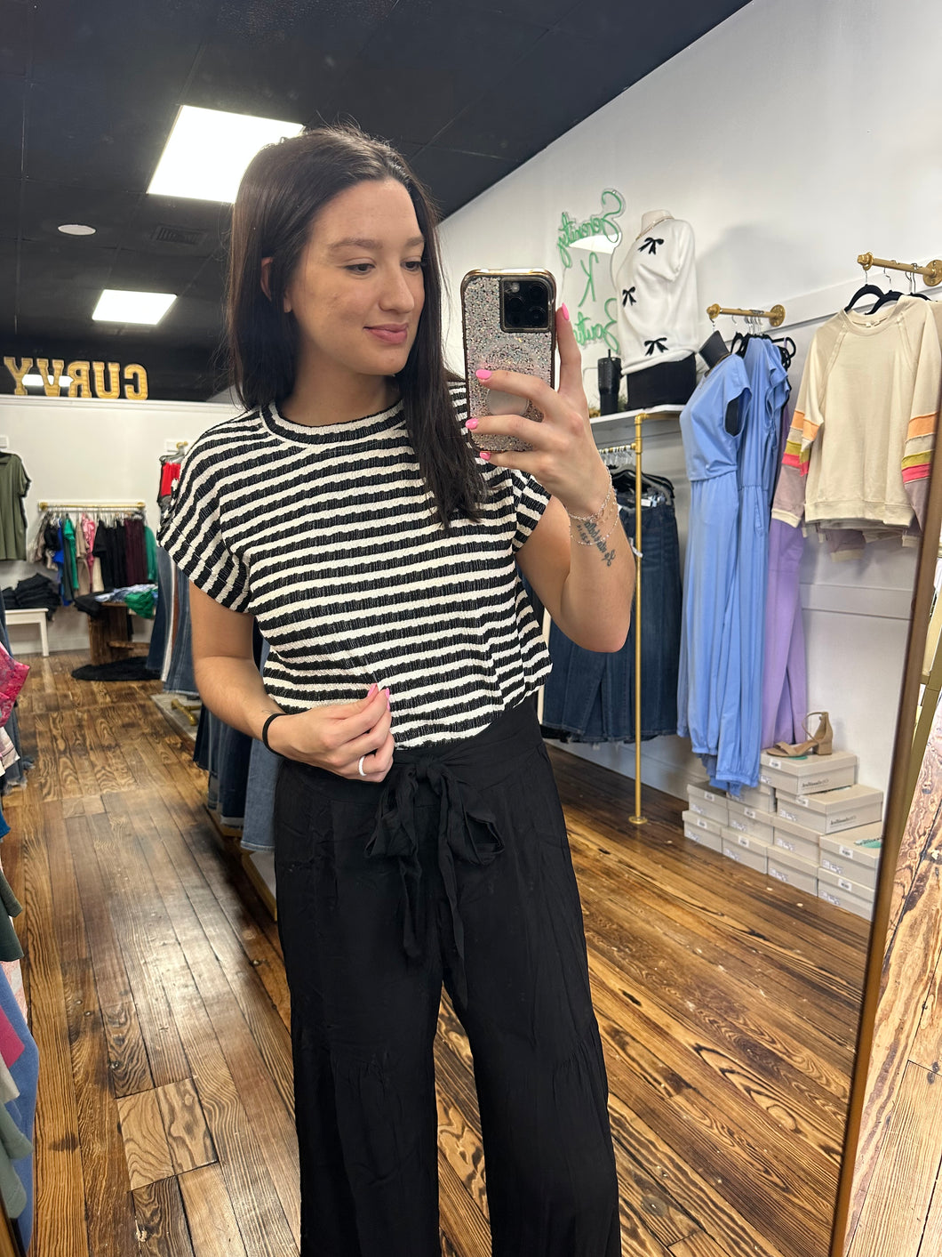 black/white stripe knit top