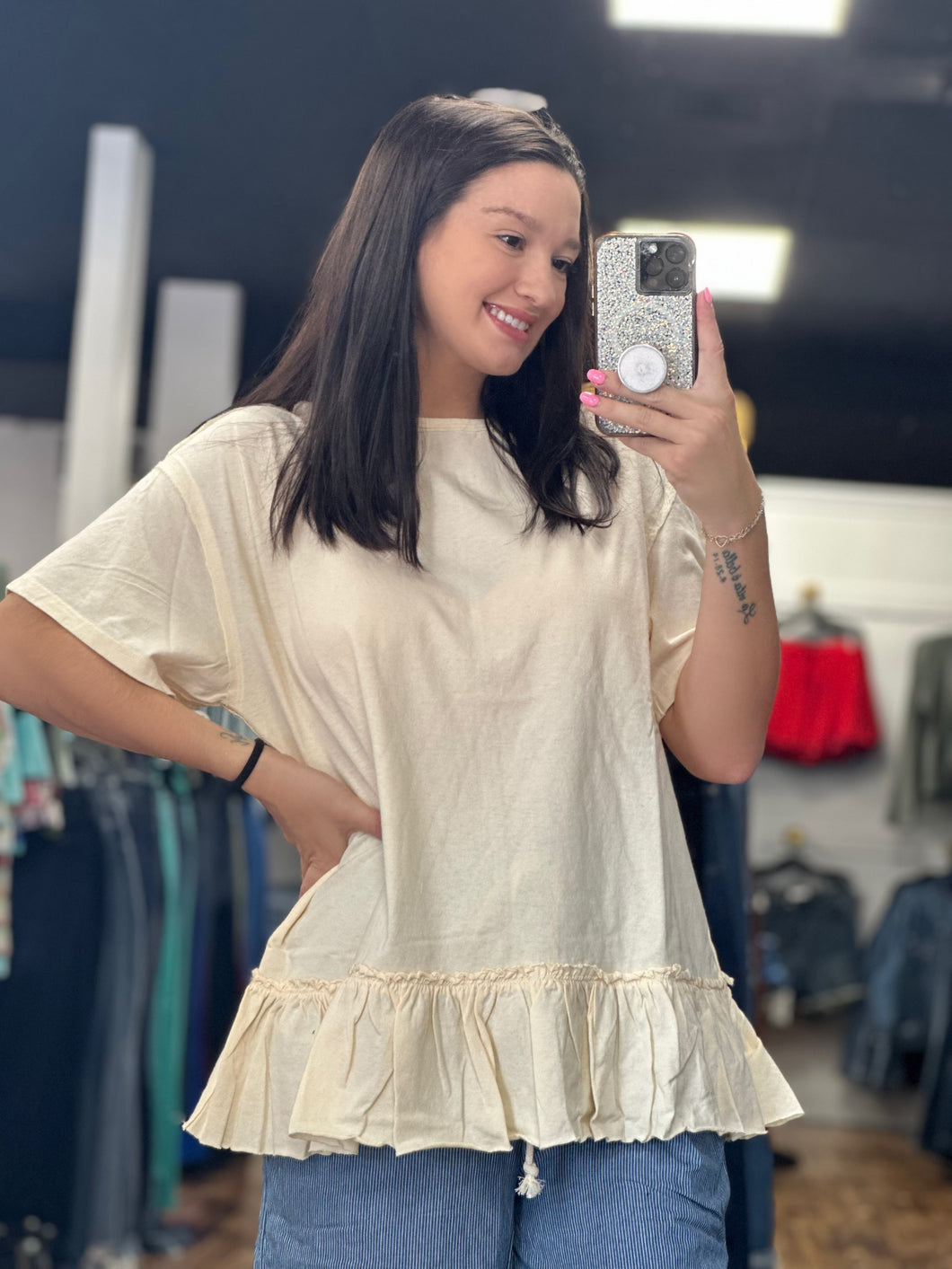 Mineral wash bone ruffle top