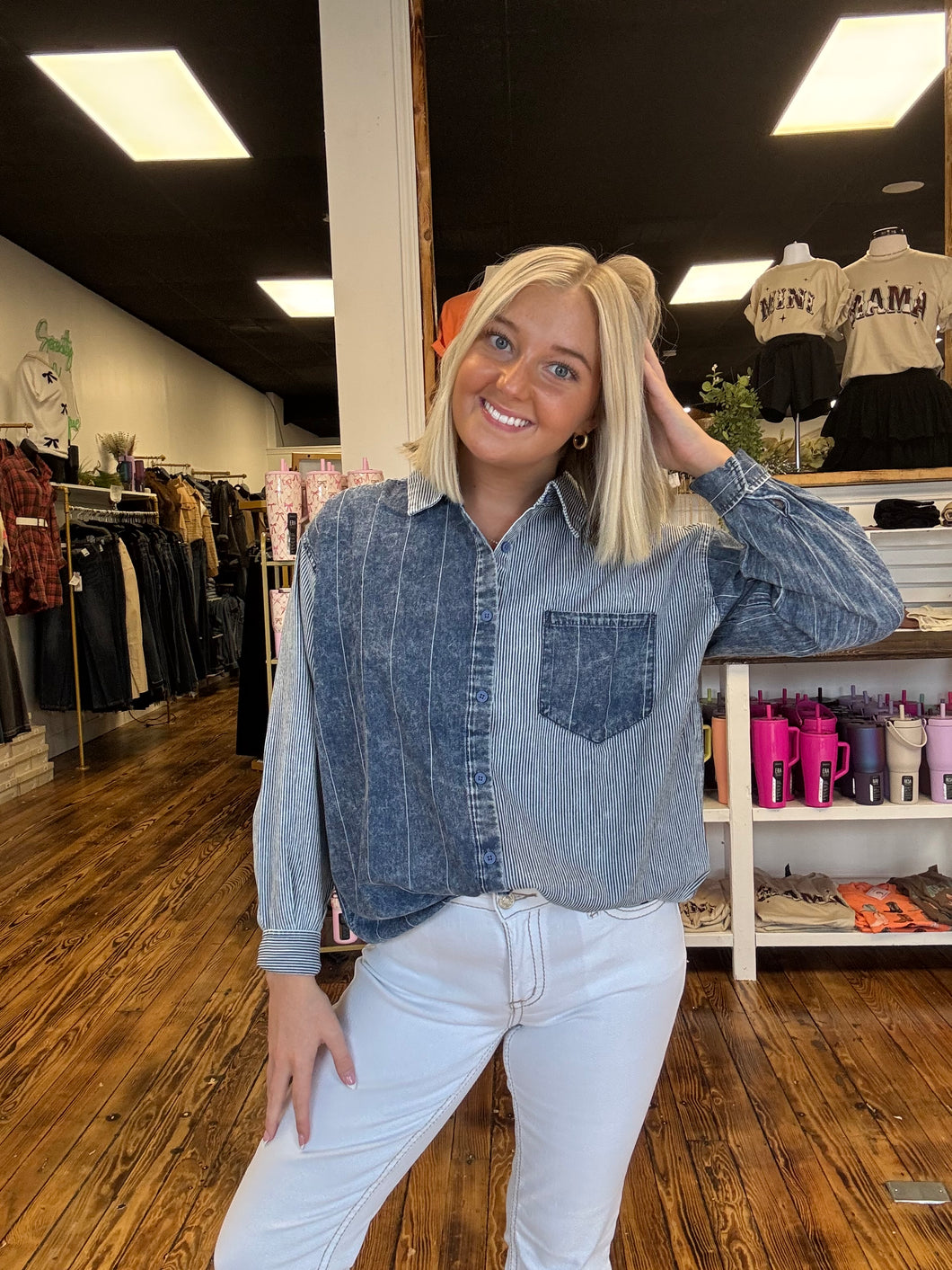 Denim pin stripe color block shirt