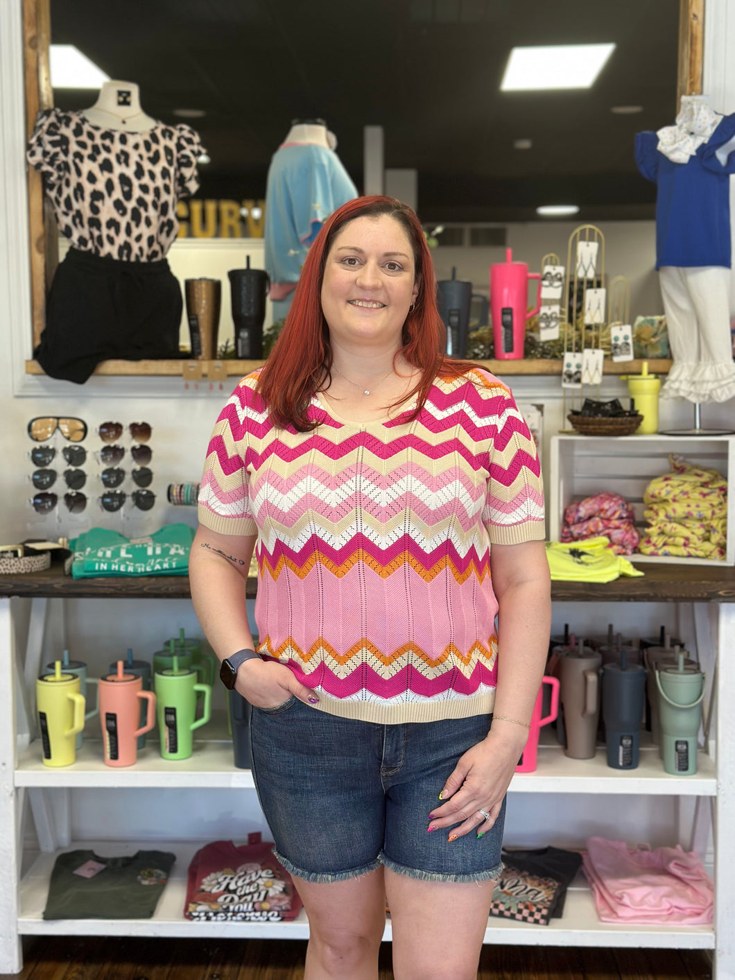pink stripe chevron print top