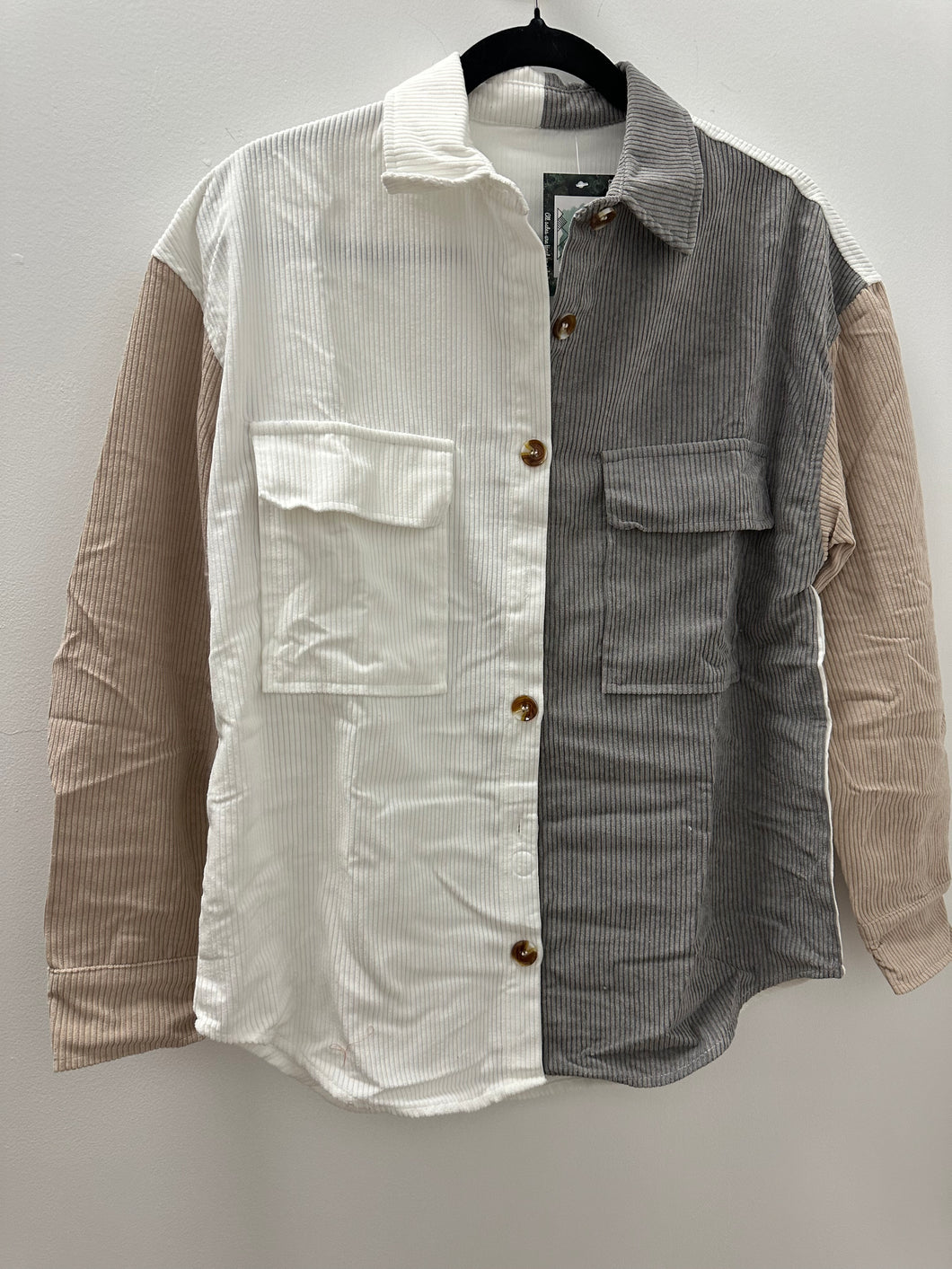 White Pocket Casual Color Block Button Up Shacket