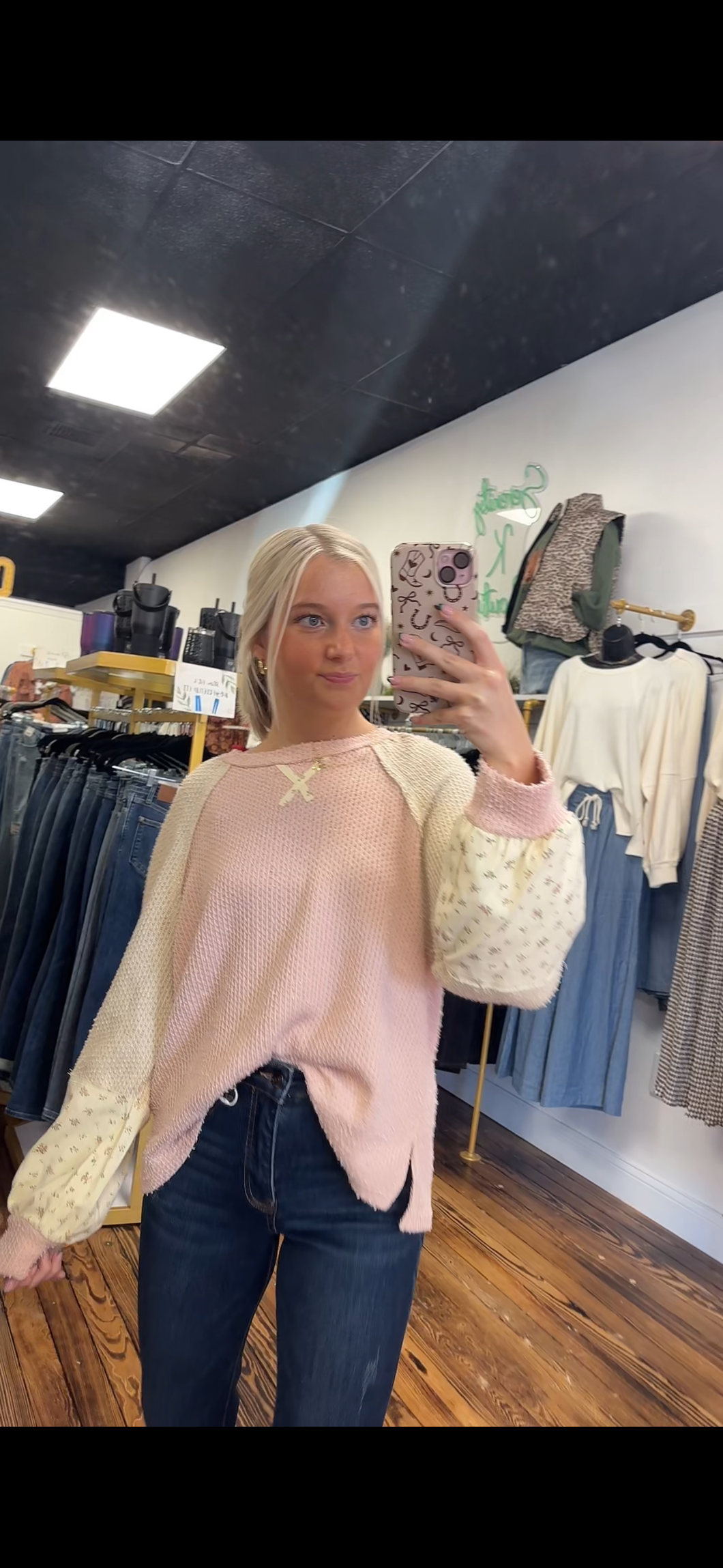 baby pink floral sleeve blouse