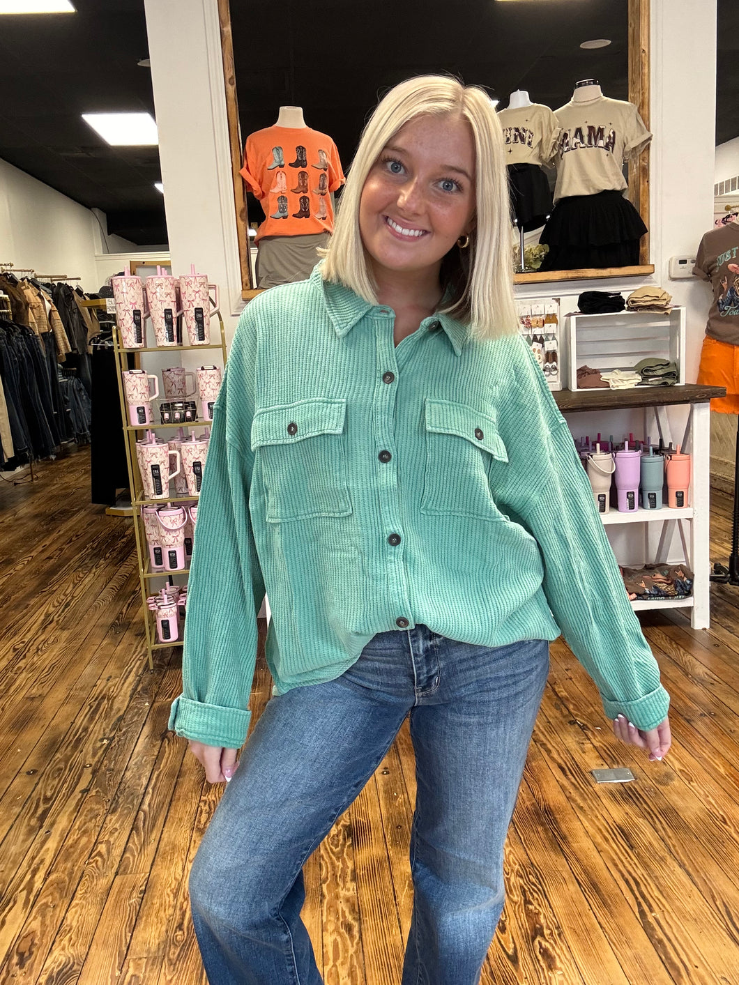 oversized waffle button up shacket
