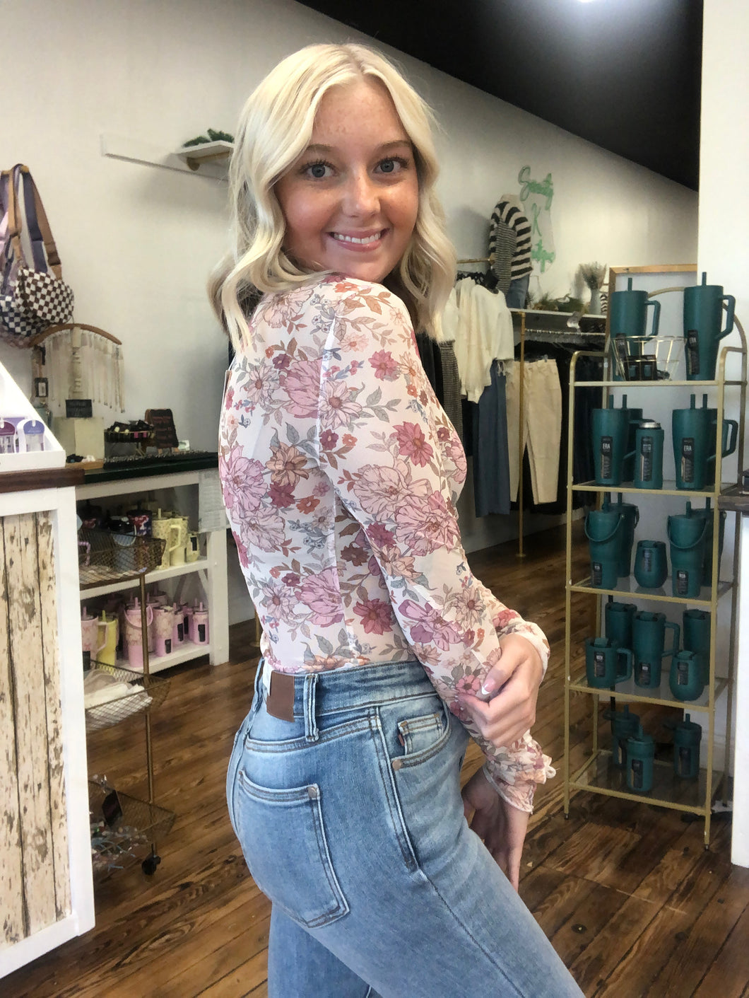 floral mesh thumb cutout top