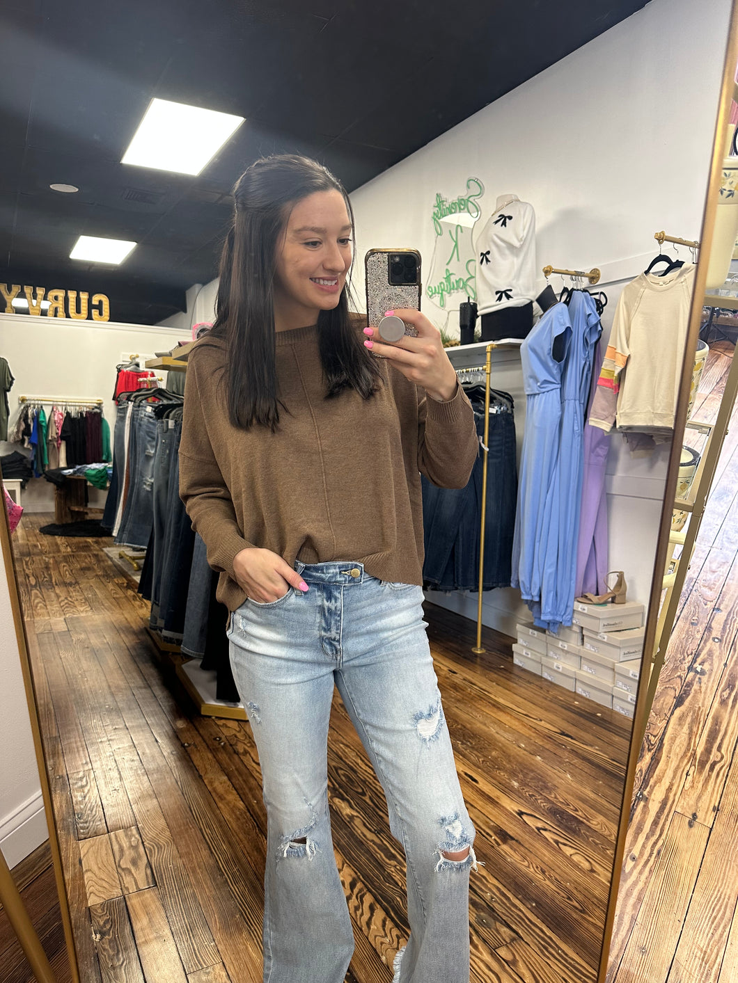 Brown crop boat neck sweater