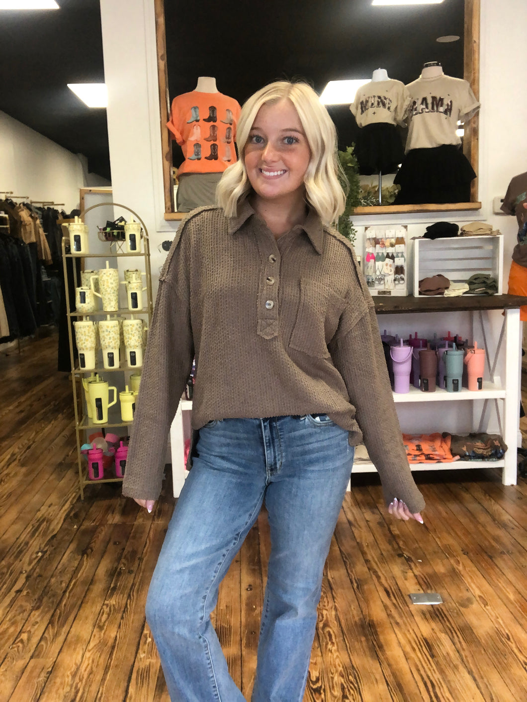 Mocha half button collared top
