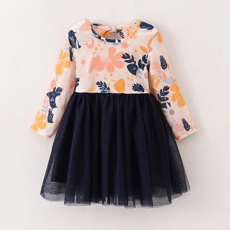 navy floral tull detail dress