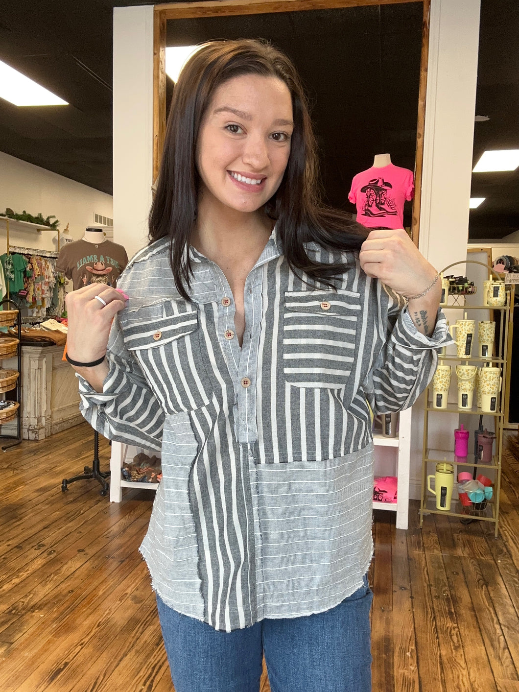 Collared color block half button