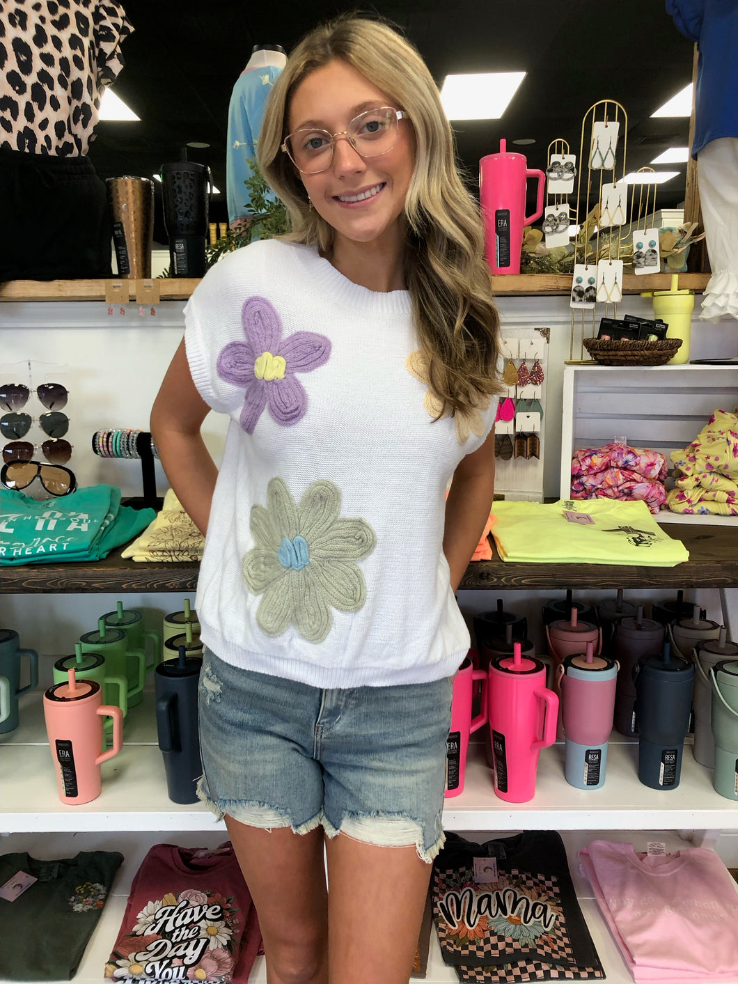 Crochet flower knit short sleeve