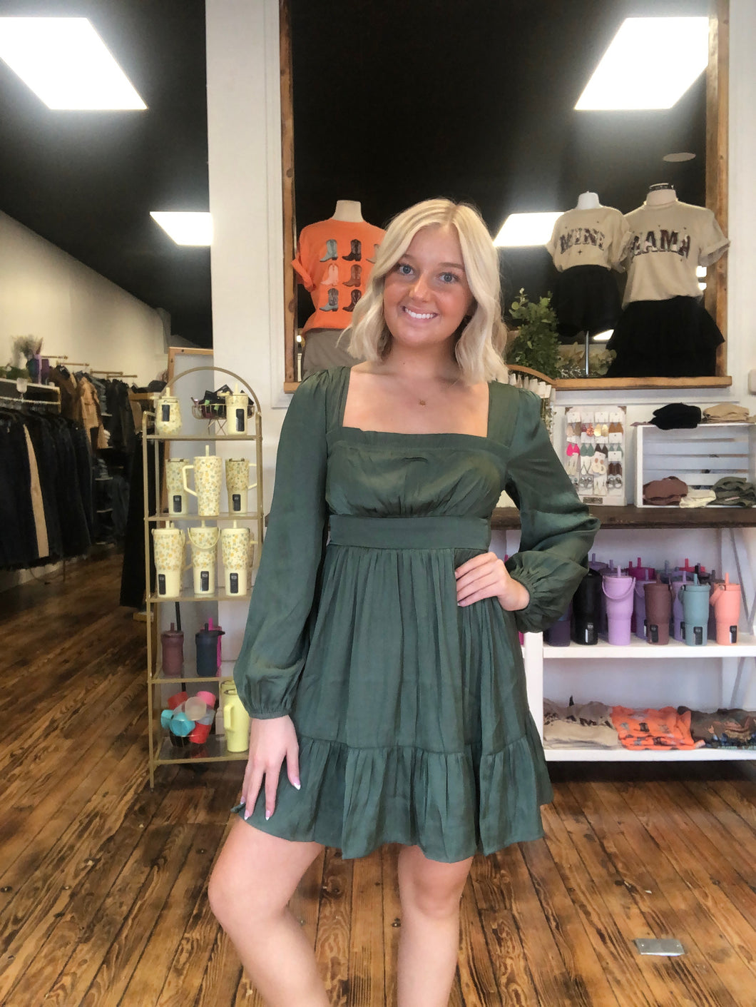 green satin square neck dress