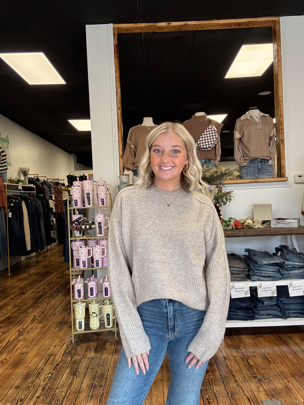 Beige round neck splice sweater