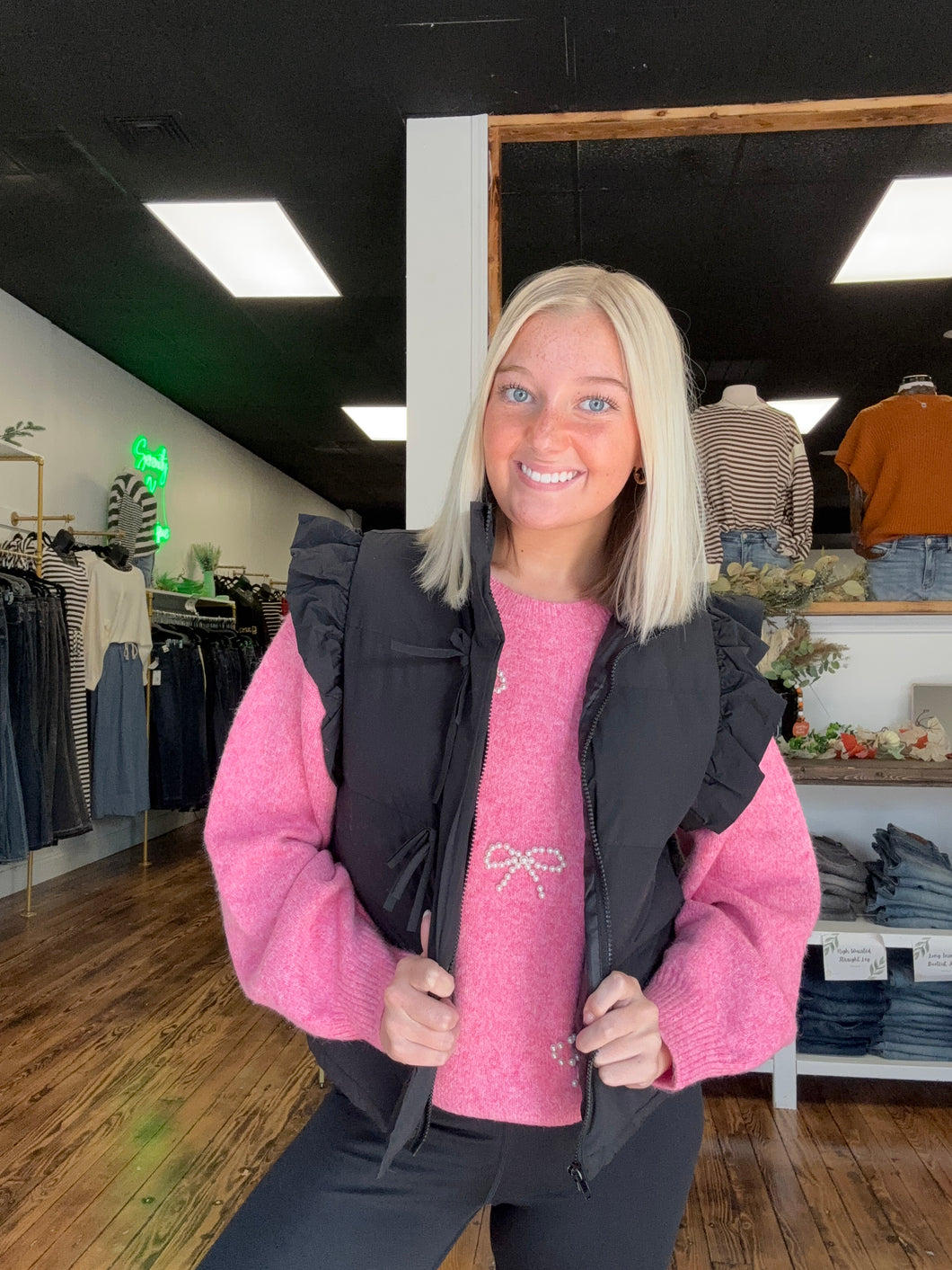 black flutter sleeve puffer vest