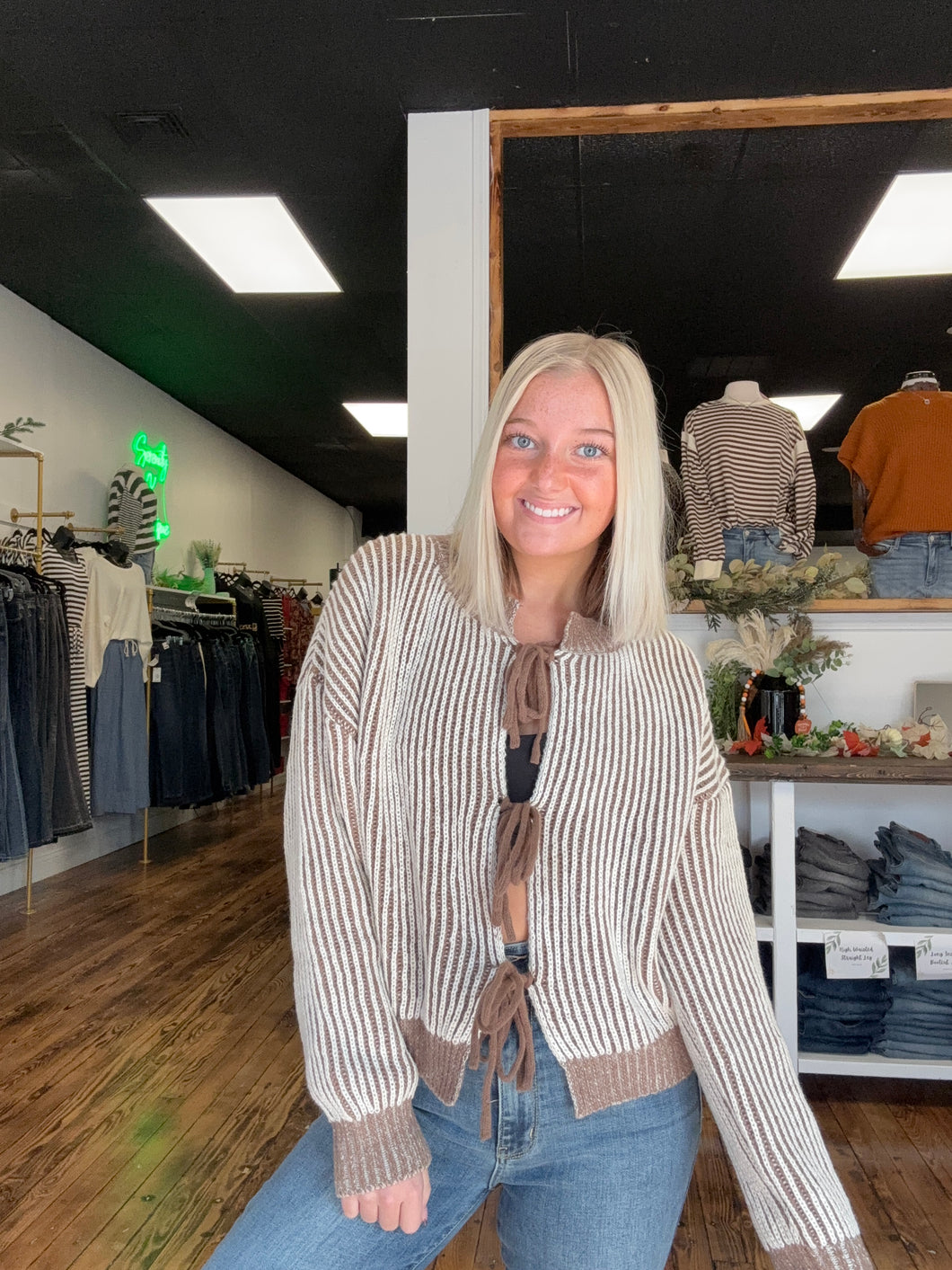 Mocha knit front tie sweater
