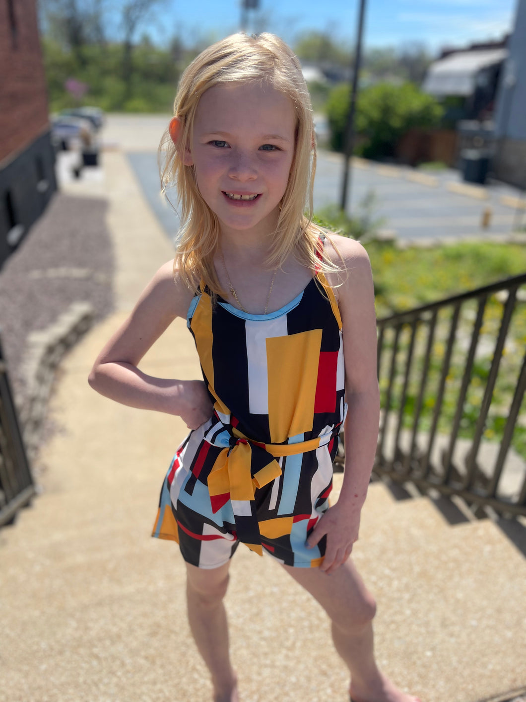 girls color block geometry romper